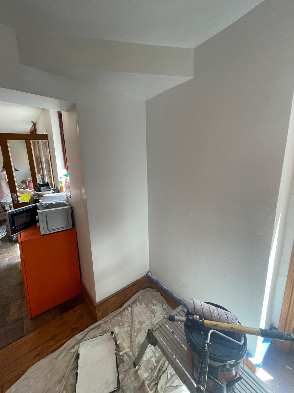 Freshly plastered and painted interior wall